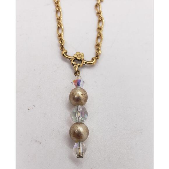 Vintage Gold Tone Chain Necklace Faux Pearl Aurora Borealis Crystal Beads LONG - Picture 14 of 15